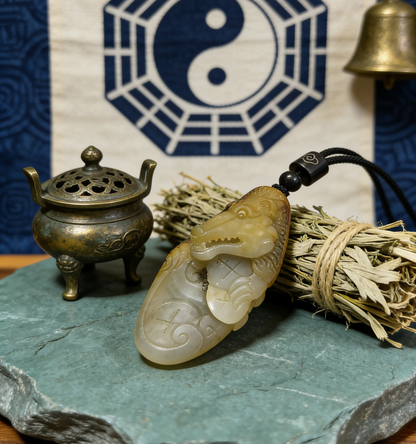 Hetian Nephrite Alligator/Crocodile Carving, 28.6g, Natural River Pebble "Seed Material" Jade Pendant