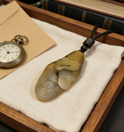 Hetian Nephrite Alligator/Crocodile Carving, 28.6g, Natural River Pebble "Seed Material" Jade Pendant