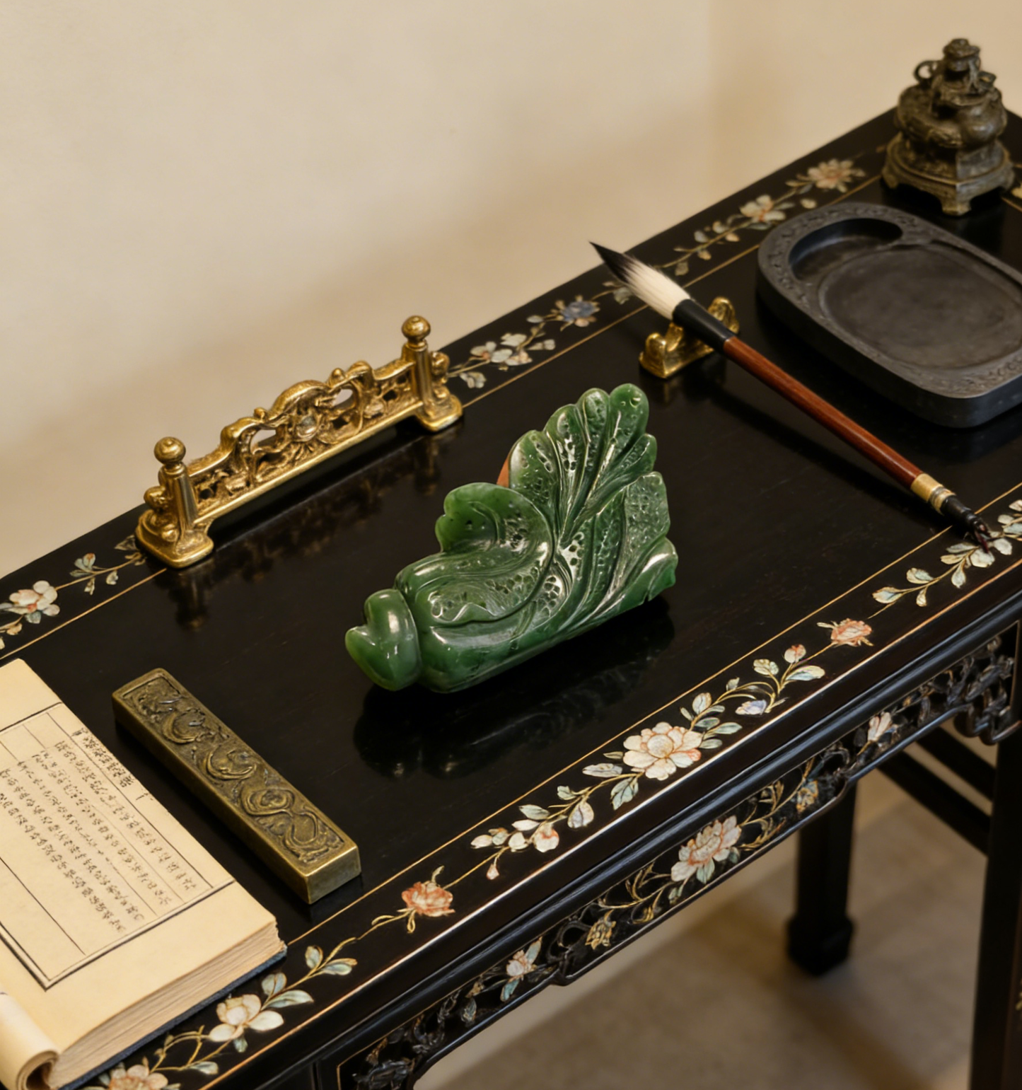 Spinach Jade Cabbage Sculpture, "Hundreds of Fortunes" Statue, 252g Wealth Symbol, Feng Shui Decor