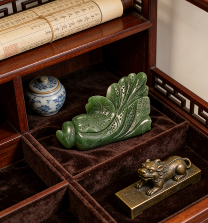 Spinach Jade Cabbage Sculpture, "Hundreds of Fortunes" Statue, 252g Wealth Symbol, Feng Shui Decor