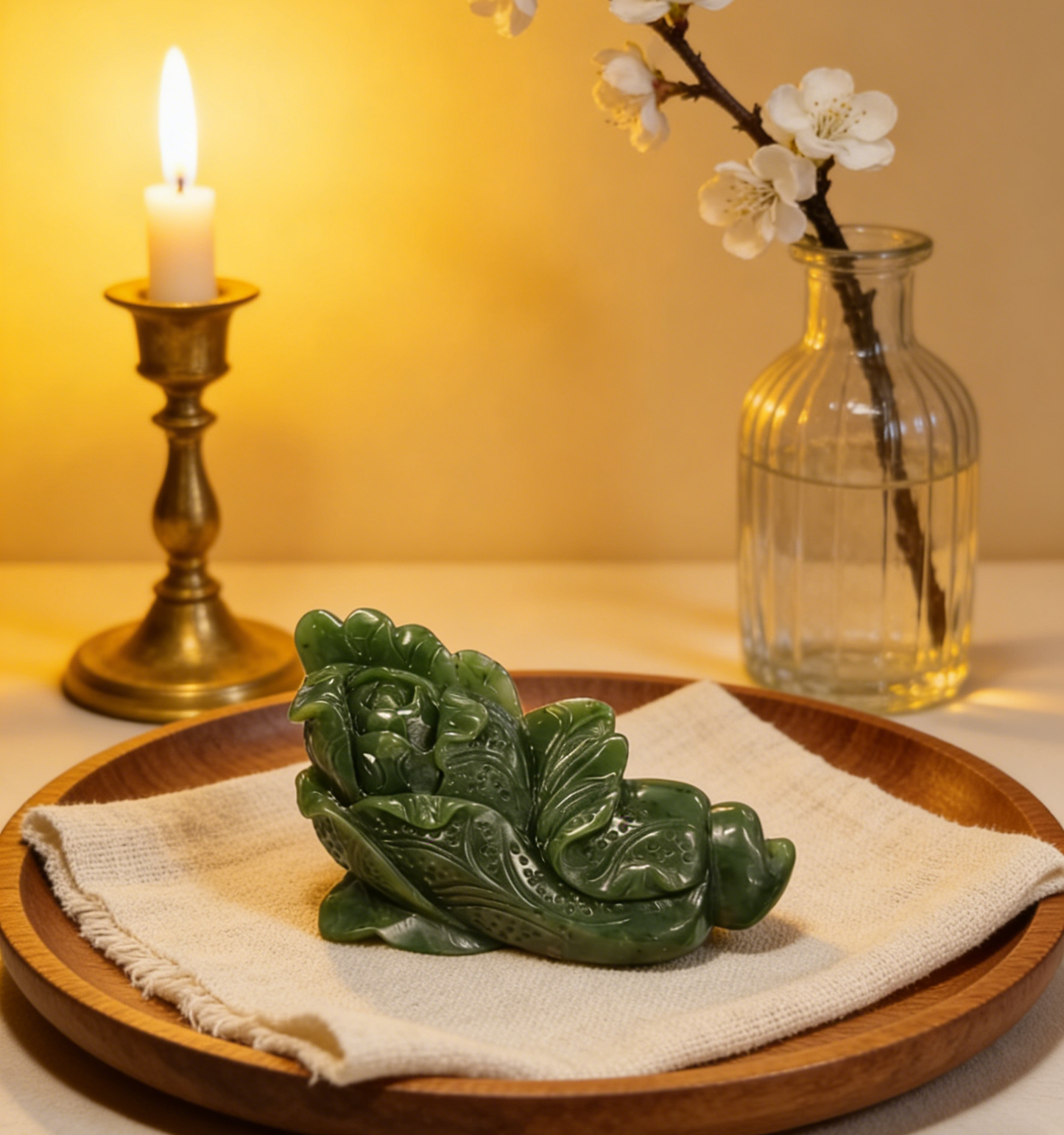 Spinach Jade Cabbage Sculpture, "Hundreds of Fortunes" Statue, 252g Wealth Symbol, Feng Shui Decor