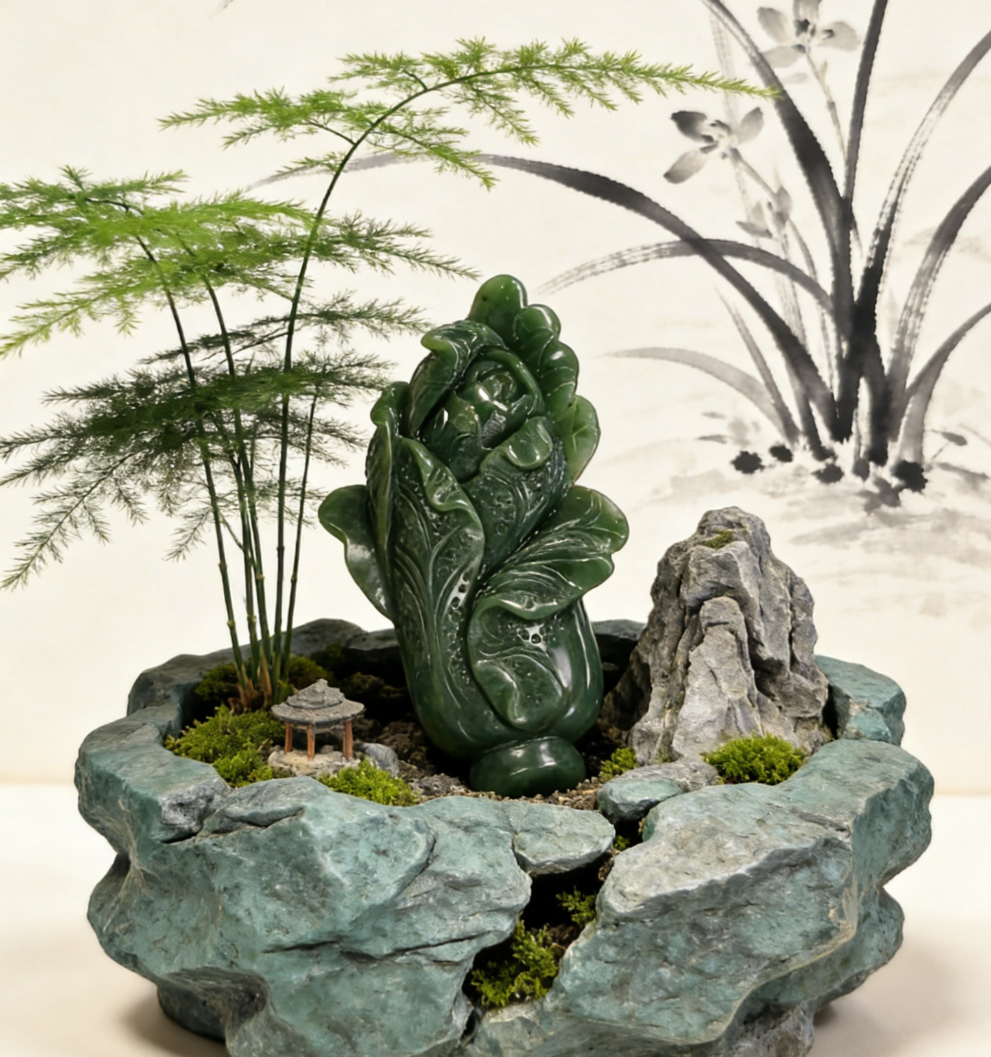 Spinach Jade Cabbage Sculpture, "Hundreds of Fortunes" Statue, 252g Wealth Symbol, Feng Shui Decor