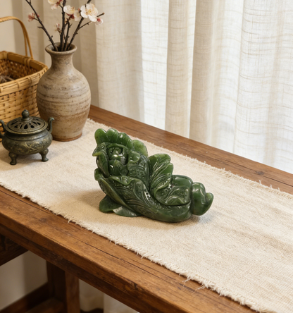 Spinach Jade Cabbage Sculpture, "Hundreds of Fortunes" Statue, 252g Wealth Symbol, Feng Shui Decor