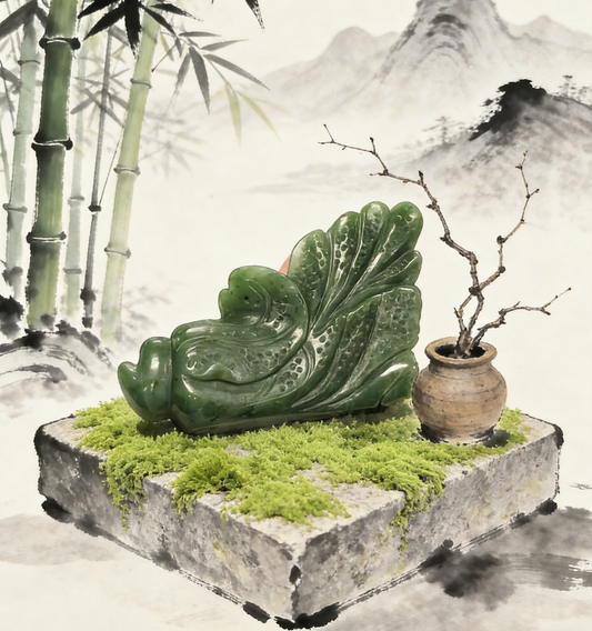 Spinach Jade Cabbage Sculpture, "Hundreds of Fortunes" Statue, 252g Wealth Symbol, Feng Shui Decor