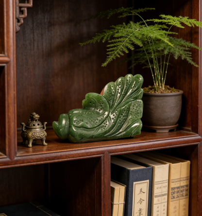 Spinach Jade Cabbage Sculpture, "Hundreds of Fortunes" Statue, 252g Wealth Symbol, Feng Shui Decor