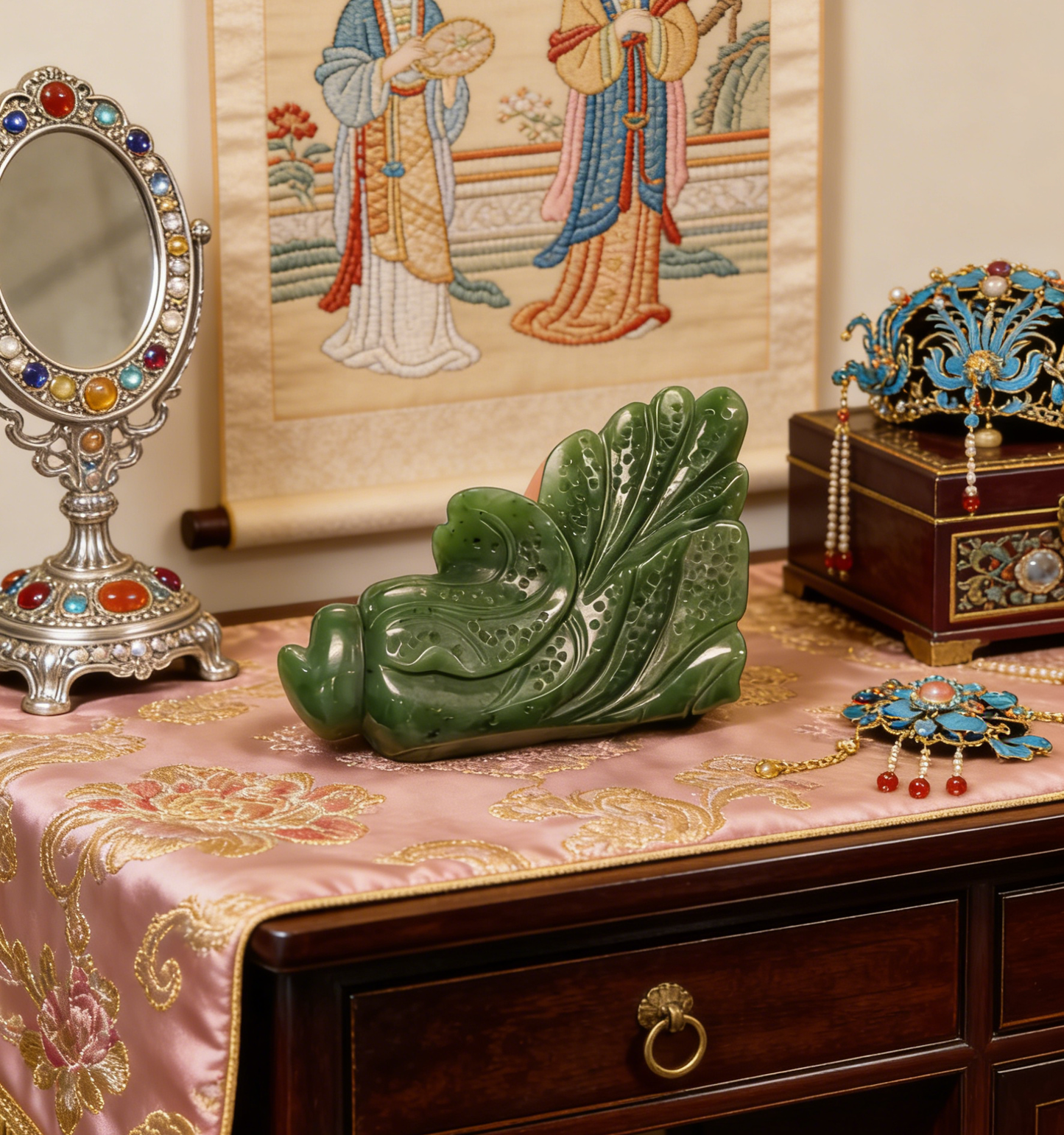 Spinach Jade Cabbage Sculpture, "Hundreds of Fortunes" Statue, 252g Wealth Symbol, Feng Shui Decor