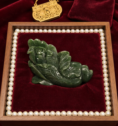 Spinach Jade Cabbage Sculpture, "Hundreds of Fortunes" Statue, 252g Wealth Symbol, Feng Shui Decor