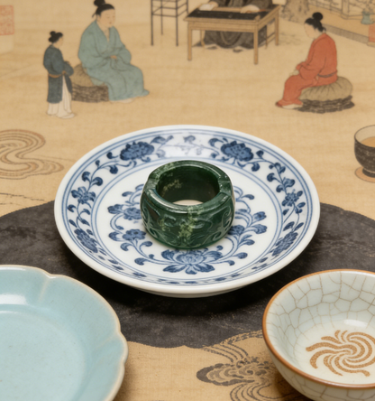 Antique Carved Jade Thumb Ring - Green Nephrite with “Fu Shou” Blessings in Seal Script, Collector‘s Piece