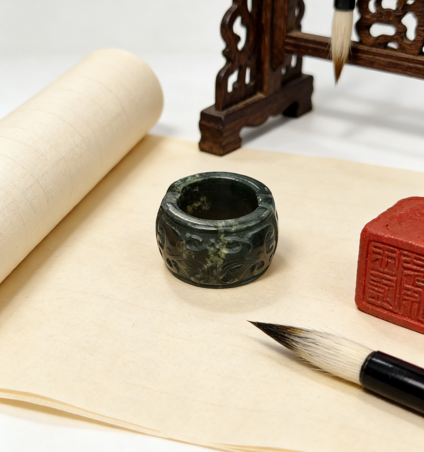 Antique Carved Jade Thumb Ring - Green Nephrite with “Fu Shou” Blessings in Seal Script, Collector‘s Piece