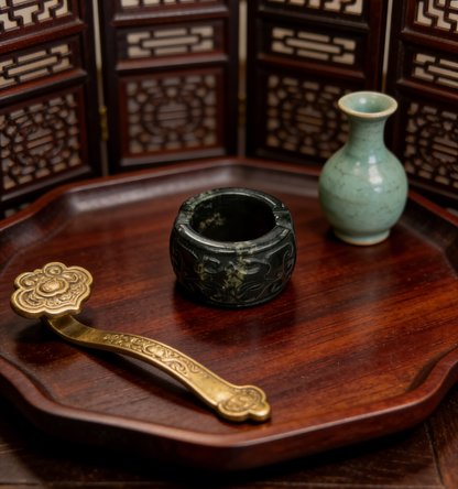 Antique Carved Jade Thumb Ring - Green Nephrite with “Fu Shou” Blessings in Seal Script, Collector‘s Piece