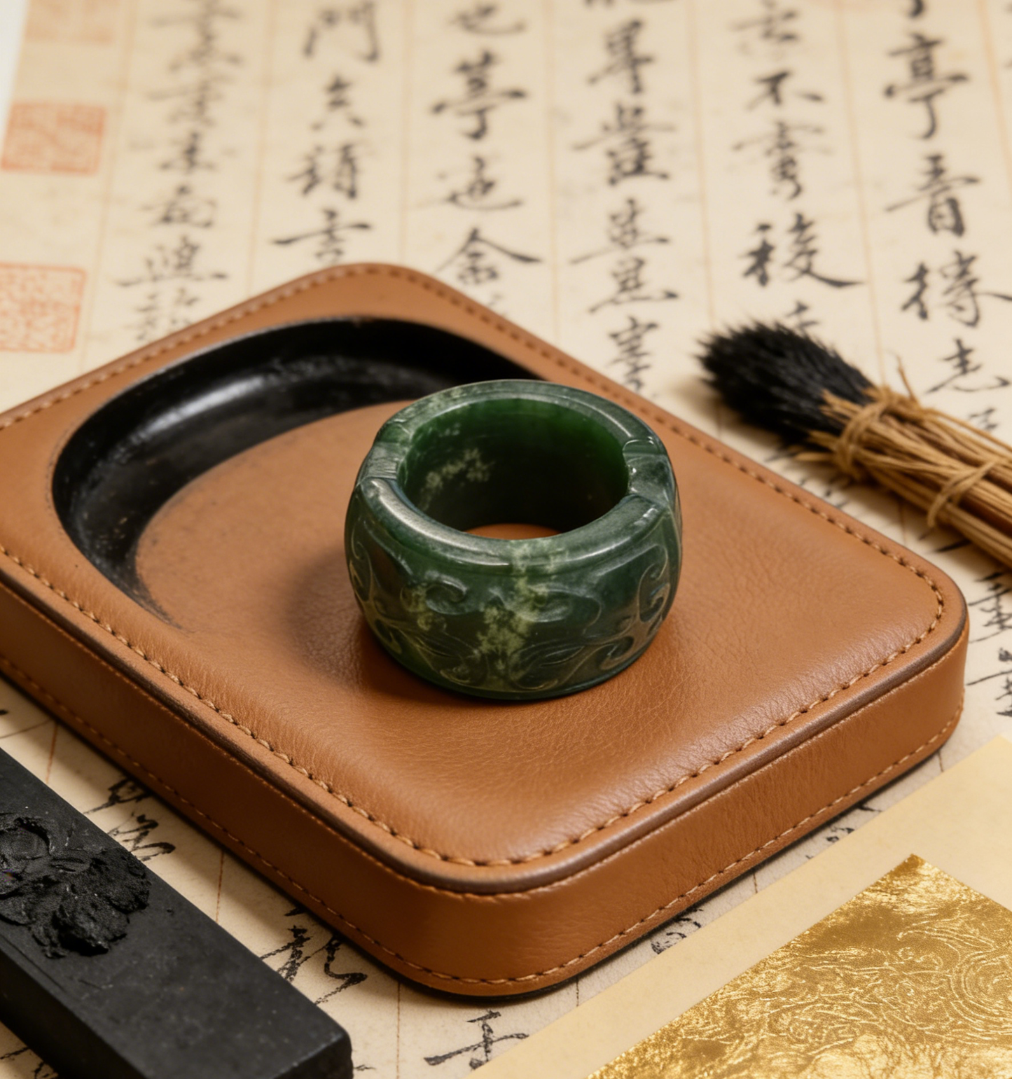 Antique Carved Jade Thumb Ring - Green Nephrite with “Fu Shou” Blessings in Seal Script, Collector‘s Piece