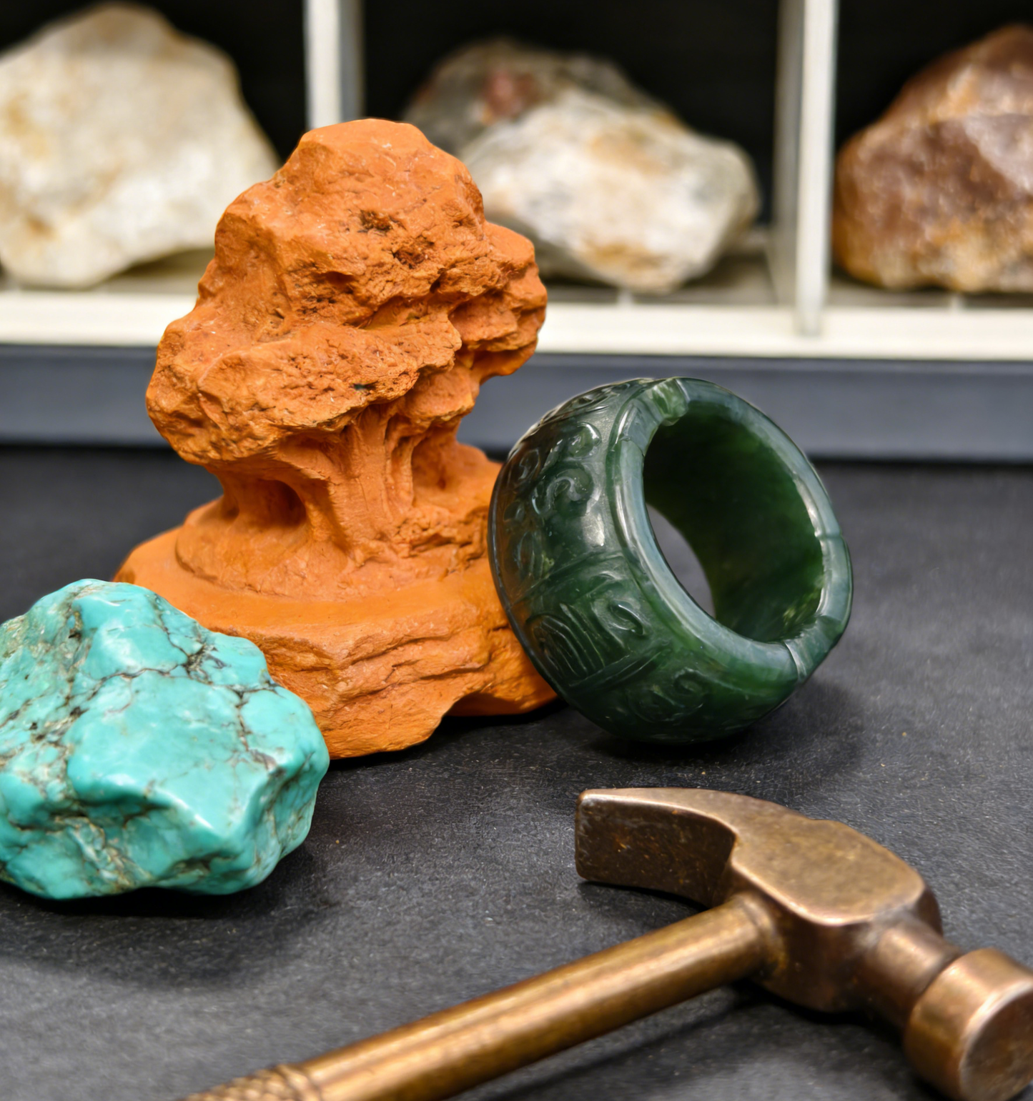 Antique Carved Jade Thumb Ring - Green Nephrite with “Fu Shou” Blessings in Seal Script, Collector‘s Piece