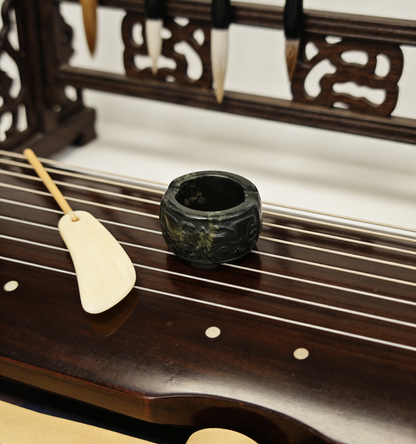 Antique Carved Jade Thumb Ring - Green Nephrite with “Fu Shou” Blessings in Seal Script, Collector‘s Piece