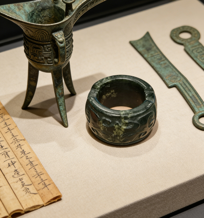 Antique Carved Jade Thumb Ring - Green Nephrite with “Fu Shou” Blessings in Seal Script, Collector‘s Piece