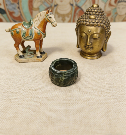Antique Carved Jade Thumb Ring - Green Nephrite with “Fu Shou” Blessings in Seal Script, Collector‘s Piece