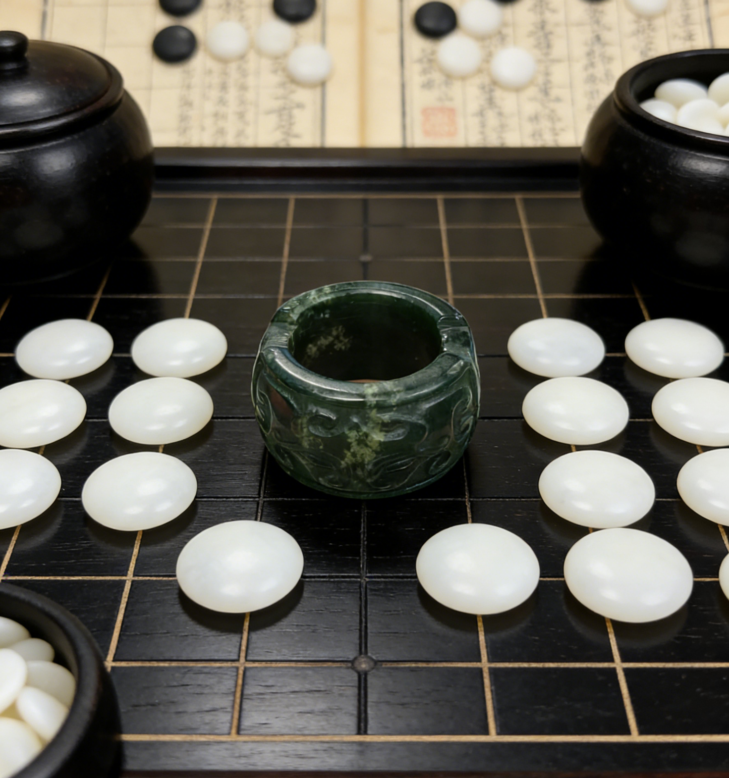Antique Carved Jade Thumb Ring - Green Nephrite with “Fu Shou” Blessings in Seal Script, Collector‘s Piece