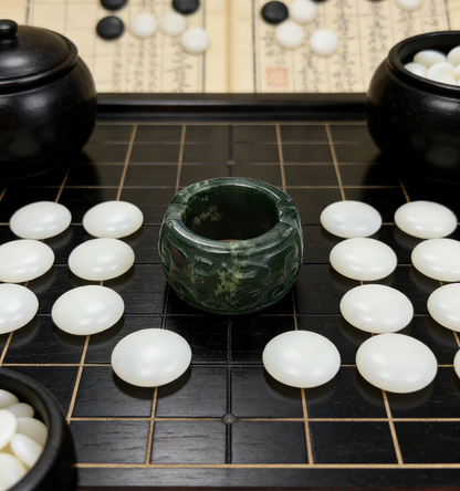 Antique Carved Jade Thumb Ring - Green Nephrite with “Fu Shou” Blessings in Seal Script, Collector‘s Piece