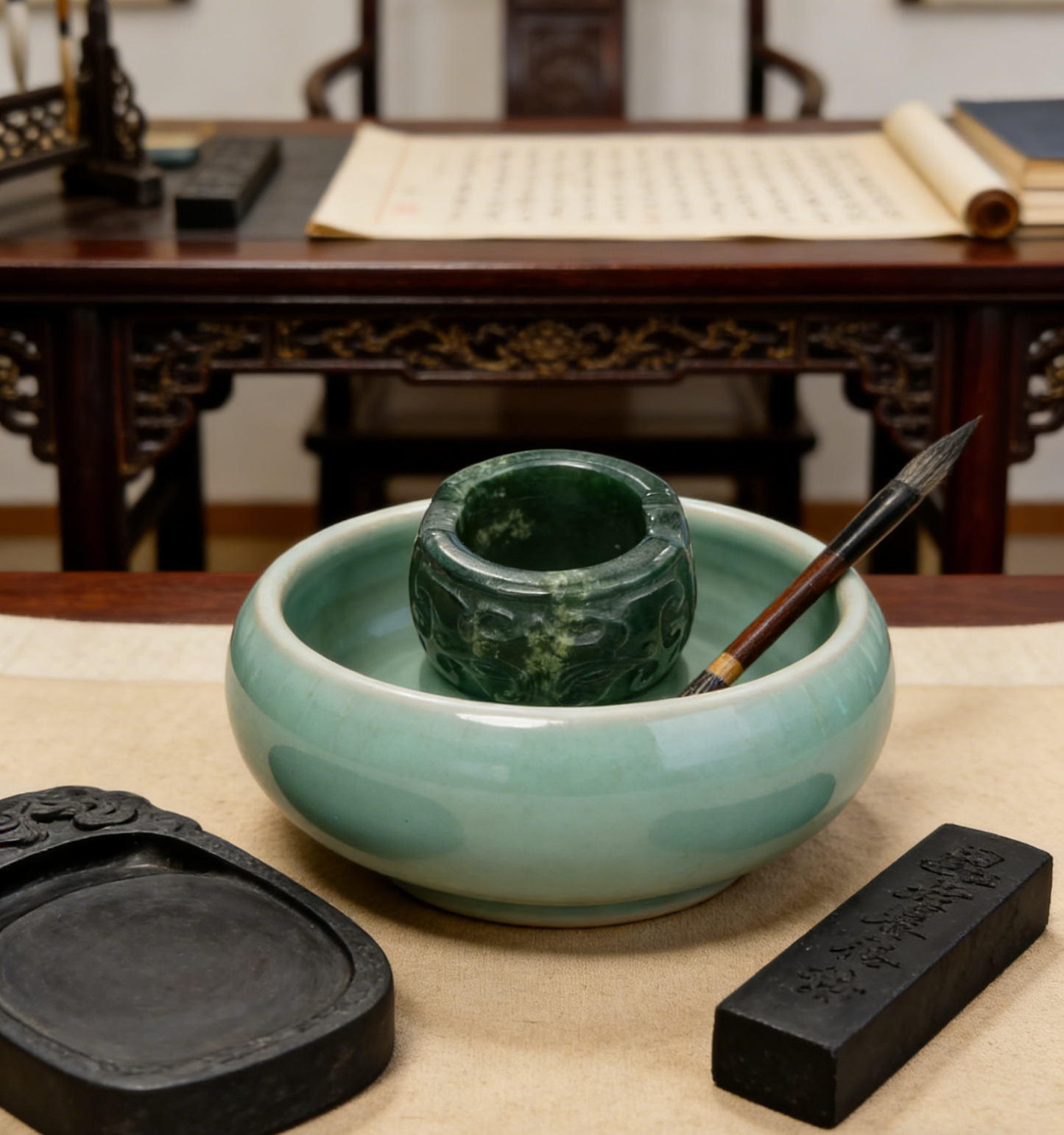 Antique Carved Jade Thumb Ring - Green Nephrite with “Fu Shou” Blessings in Seal Script, Collector‘s Piece