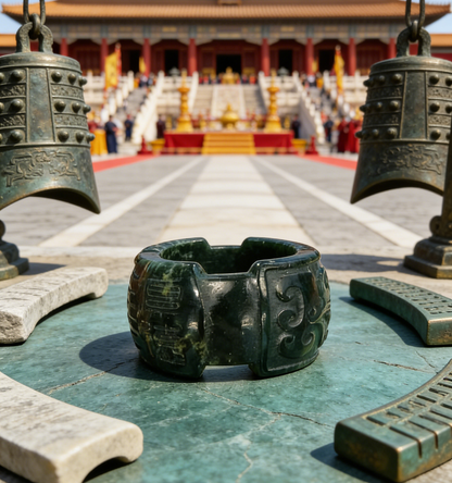 Antique Carved Jade Thumb Ring - Green Nephrite with “Fu Shou” Blessings in Seal Script, Collector‘s Piece