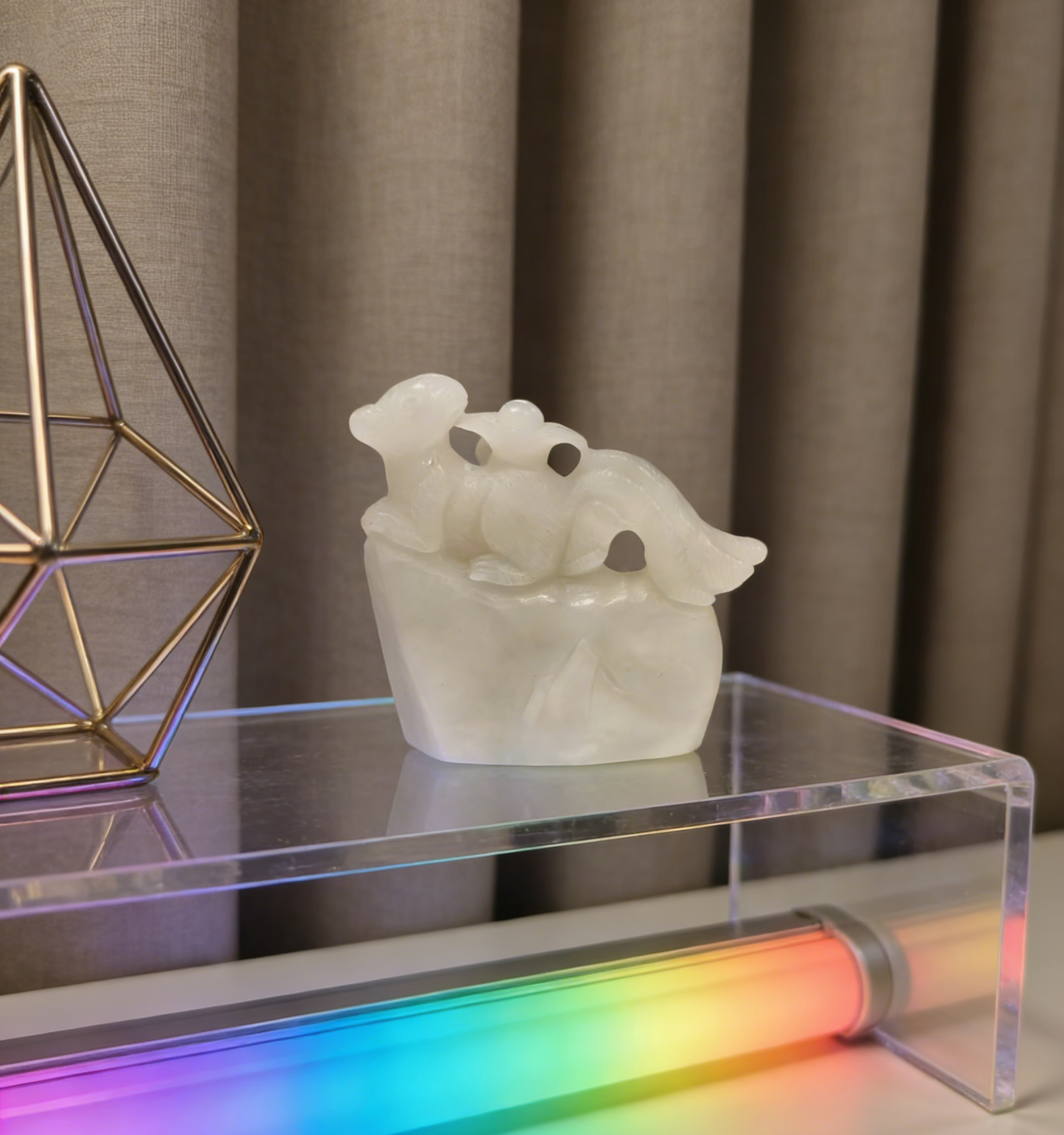 Four-Tailed Spirit Mouse Sculpture - 173.67g Rare Nephrite Jade Carving, Wealth & Fortune Attractor