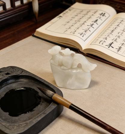 Four-Tailed Spirit Mouse Sculpture - 173.67g Rare Nephrite Jade Carving, Wealth & Fortune Attractor