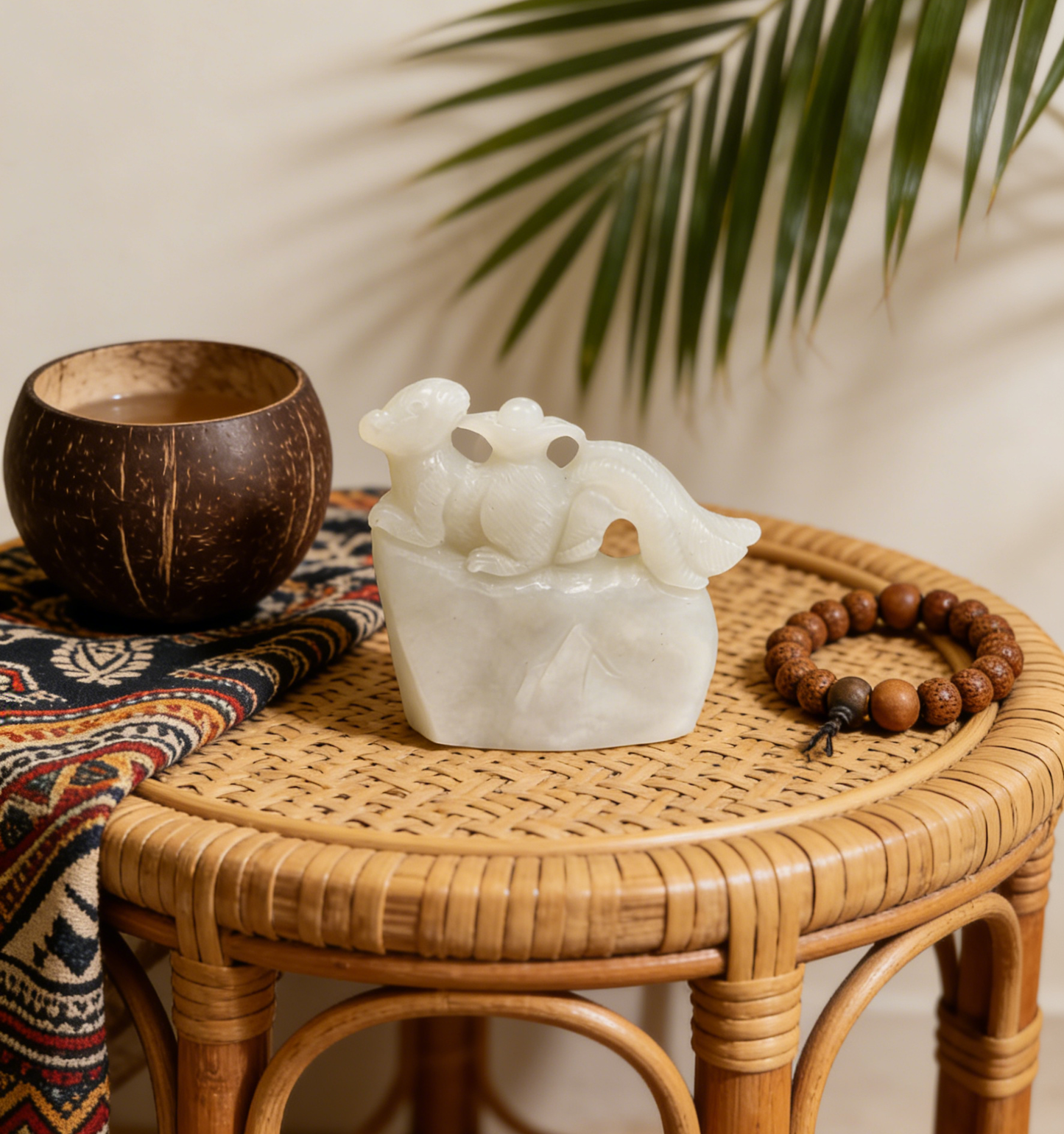 Four-Tailed Spirit Mouse Sculpture - 173.67g Rare Nephrite Jade Carving, Wealth & Fortune Attractor