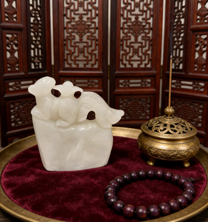 Four-Tailed Spirit Mouse Sculpture - 173.67g Rare Nephrite Jade Carving, Wealth & Fortune Attractor