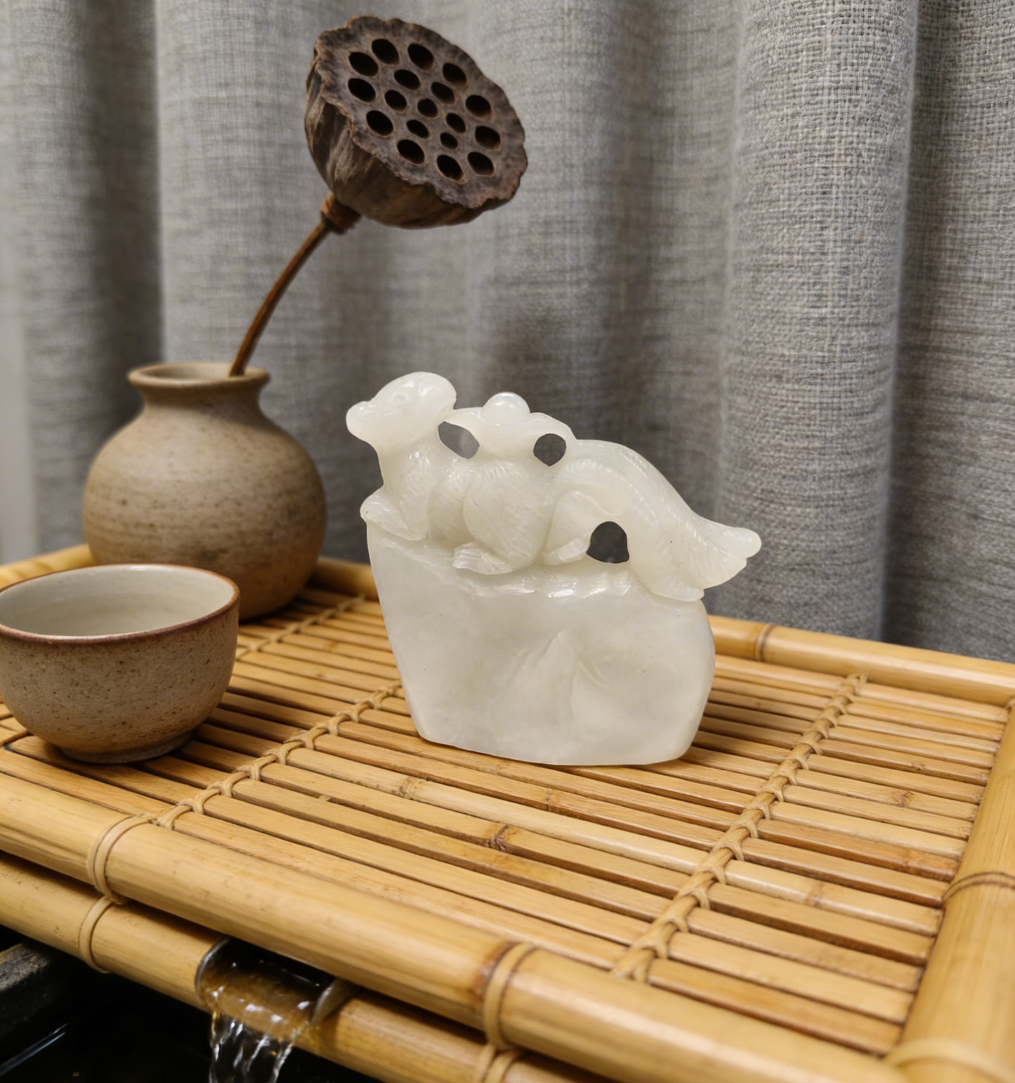 Four-Tailed Spirit Mouse Sculpture - 173.67g Rare Nephrite Jade Carving, Wealth & Fortune Attractor