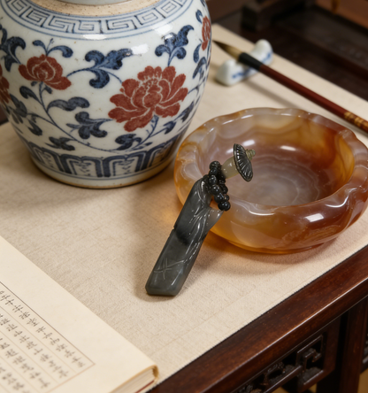 Zen Sage in Landscape Nephrite Sculpture - 13.25g Black & White “Qing Hua” Jade, Meditative Scholar‘s Rock