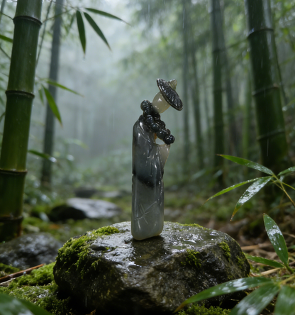 Zen Sage in Landscape Nephrite Sculpture - 13.25g Black & White “Qing Hua” Jade, Meditative Scholar‘s Rock