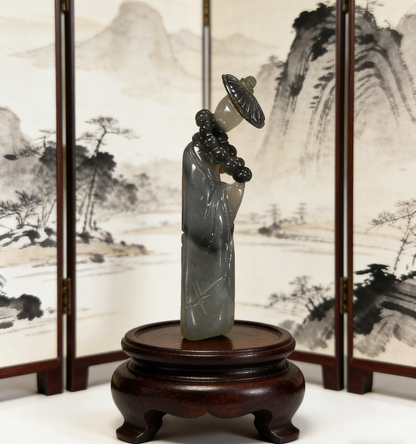 Zen Sage in Landscape Nephrite Sculpture - 13.25g Black & White “Qing Hua” Jade, Meditative Scholar‘s Rock