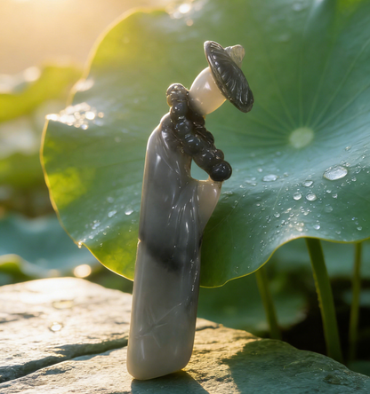 Zen Sage in Landscape Nephrite Sculpture - 13.25g Black & White “Qing Hua” Jade, Meditative Scholar‘s Rock