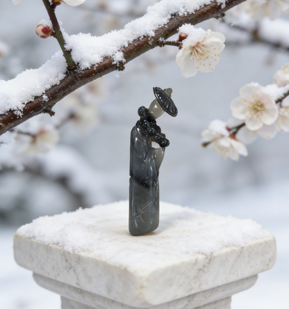 Zen Sage in Landscape Nephrite Sculpture - 13.25g Black & White “Qing Hua” Jade, Meditative Scholar‘s Rock