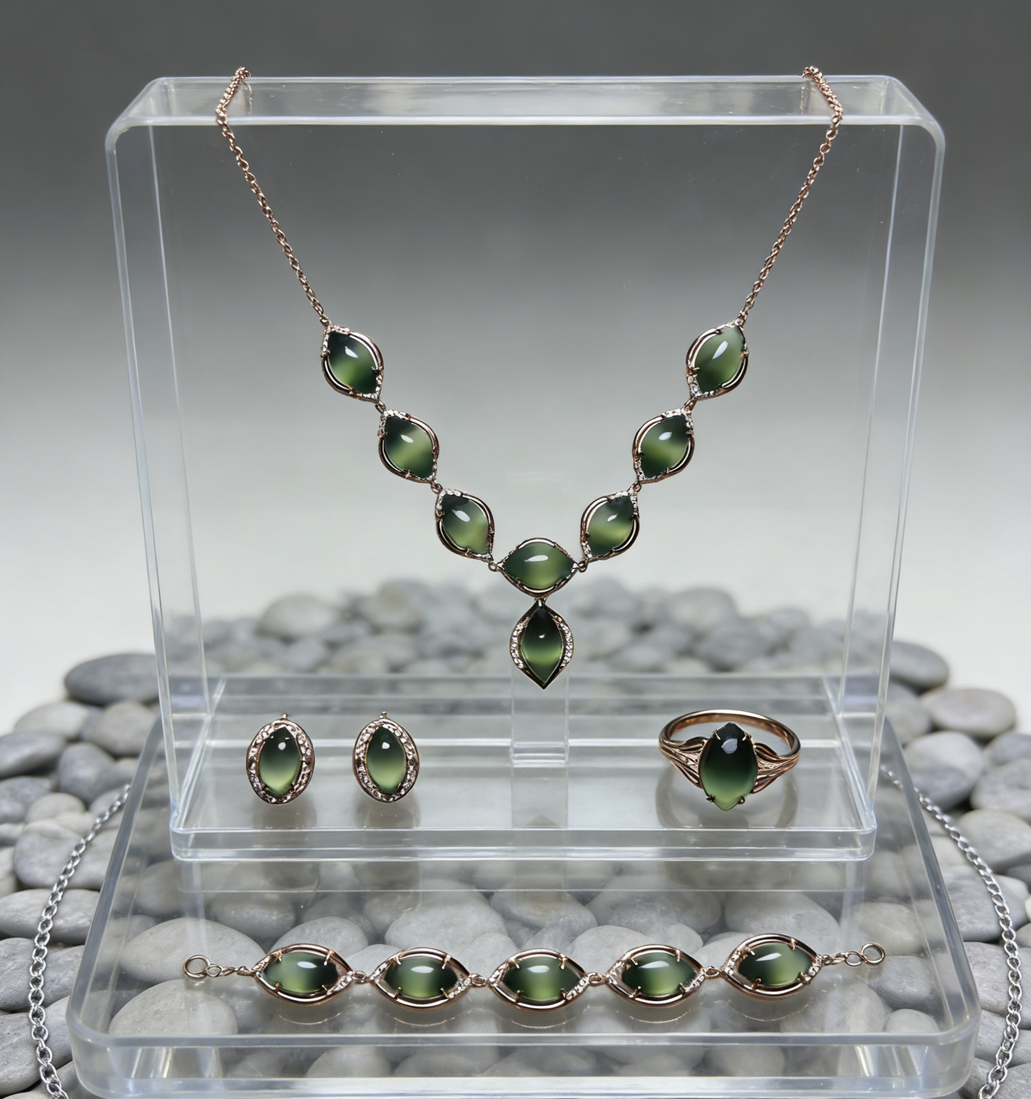 Sterling Silver Set with Cat‘s Eye Jade - Necklace, Earrings, Bracelet, and Ring, 925 Silver Inlaid Jewelry