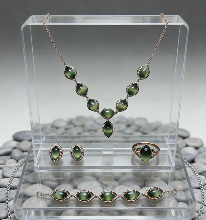 Sterling Silver Set with Cat‘s Eye Jade - Necklace, Earrings, Bracelet, and Ring, 925 Silver Inlaid Jewelry