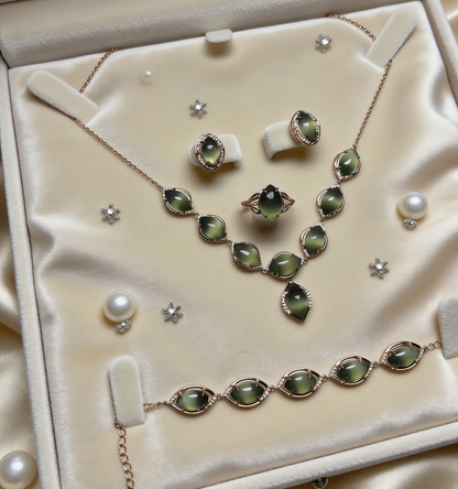 Sterling Silver Set with Cat‘s Eye Jade - Necklace, Earrings, Bracelet, and Ring, 925 Silver Inlaid Jewelry