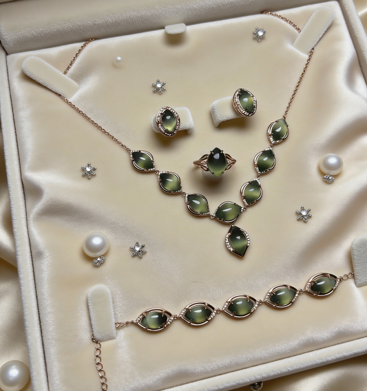 Sterling Silver Set with Cat‘s Eye Jade - Necklace, Earrings, Bracelet, and Ring, 925 Silver Inlaid Jewelry