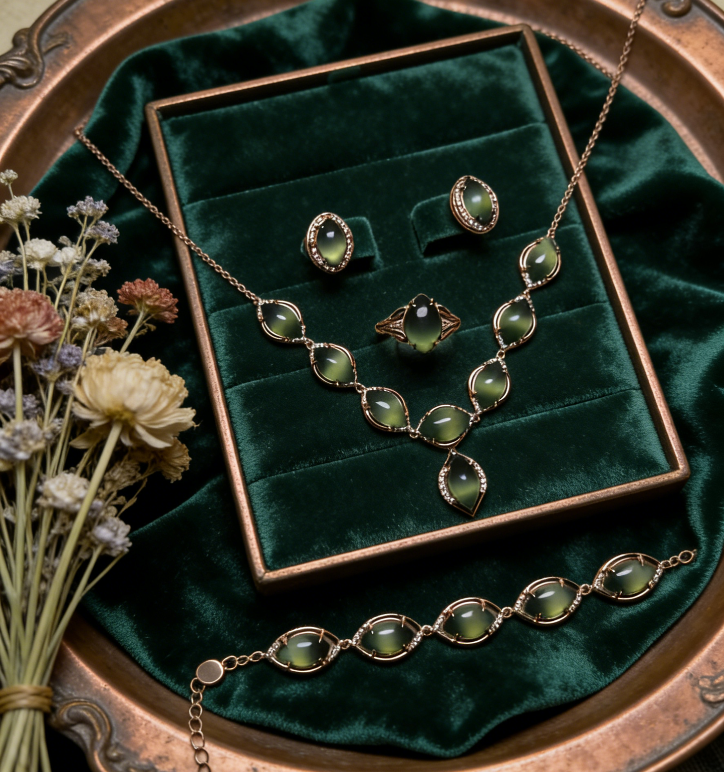 Sterling Silver Set with Cat‘s Eye Jade - Necklace, Earrings, Bracelet, and Ring, 925 Silver Inlaid Jewelry