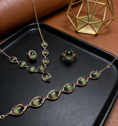 Sterling Silver Set with Cat‘s Eye Jade - Necklace, Earrings, Bracelet, and Ring, 925 Silver Inlaid Jewelry