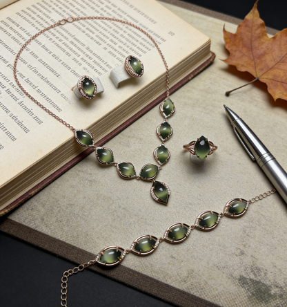 Sterling Silver Set with Cat‘s Eye Jade - Necklace, Earrings, Bracelet, and Ring, 925 Silver Inlaid Jewelry