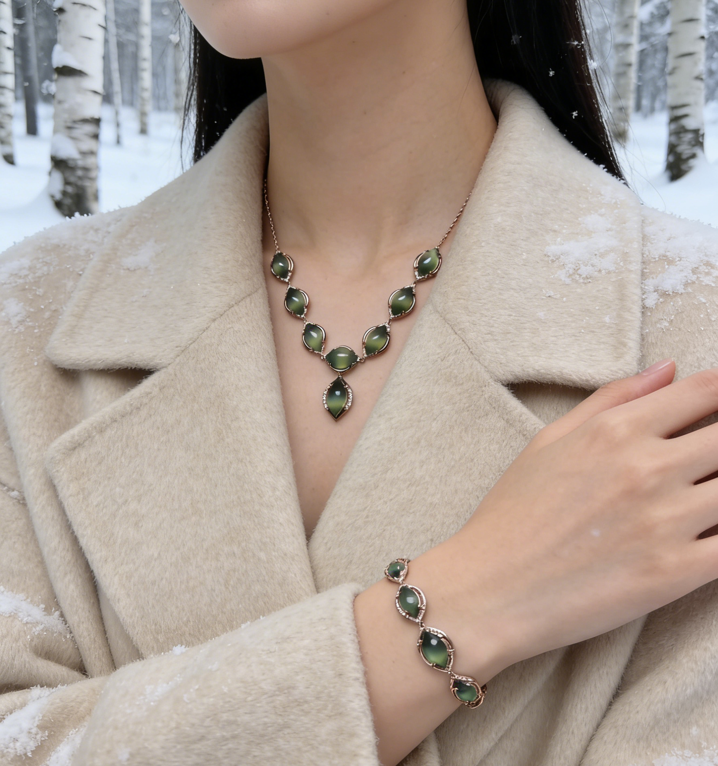 Sterling Silver Set with Cat‘s Eye Jade - Necklace, Earrings, Bracelet, and Ring, 925 Silver Inlaid Jewelry