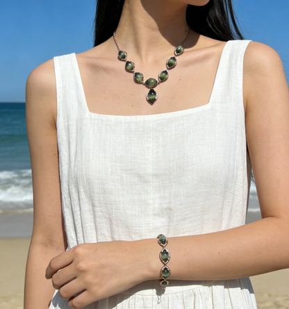 Sterling Silver Set with Cat‘s Eye Jade - Necklace, Earrings, Bracelet, and Ring, 925 Silver Inlaid Jewelry