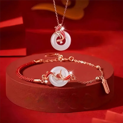 Hetian Jade Koi “Ping An Kou” Set – Necklace & Bracelet (with Silver Chain)