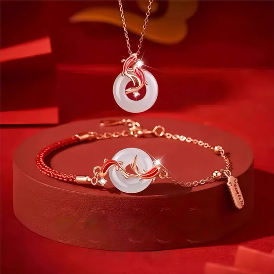 Hetian Jade Koi “Ping An Kou” Set – Necklace & Bracelet (with Silver Chain)
