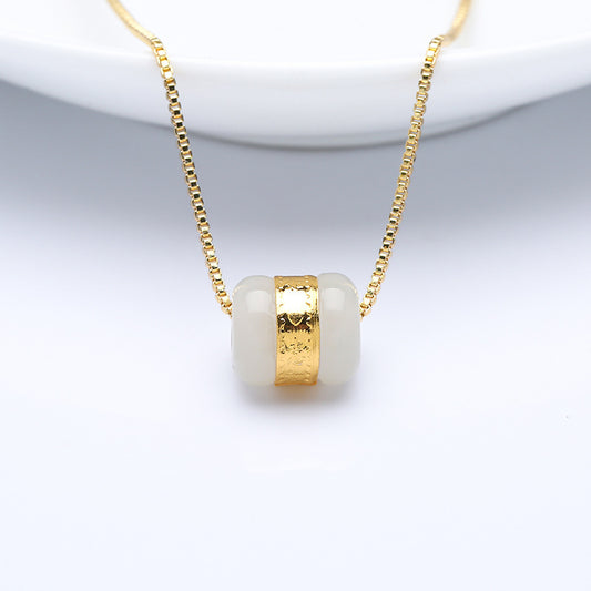Hetian Jade & Pure Gold Fortune Bead Necklace – “Lulutong” Gold-Inlaid Pendant