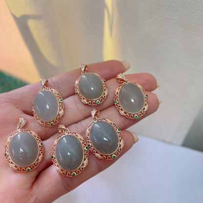 Hetian Smoky Lavender Jade Cabochon Pendant – 925 Silver Setting