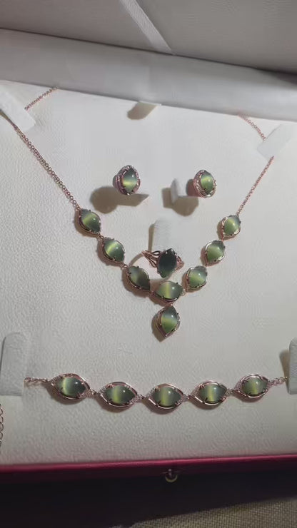 Sterling Silver Set with Cat‘s Eye Jade - Necklace, Earrings, Bracelet, and Ring, 925 Silver Inlaid Jewelry