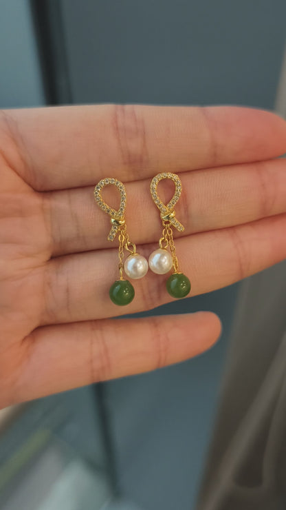 Oriental Pearl Jade Stud Earrings - 2.32g Sterling Silver Setting, Jasper & Pearl, Minimalist Gift