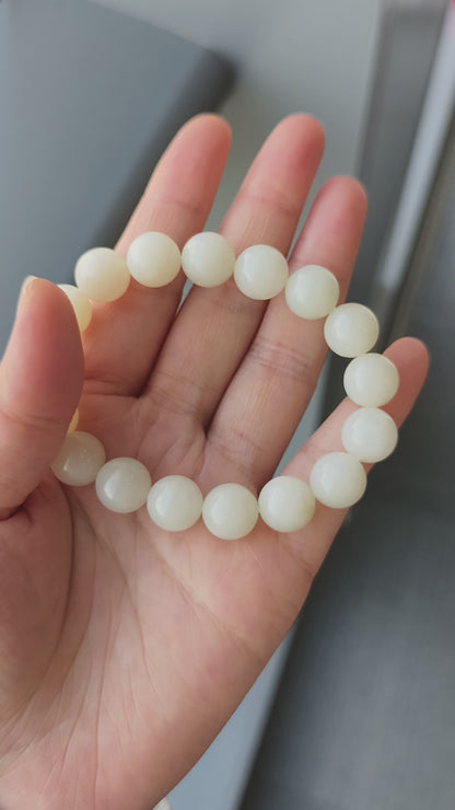 White Jade Bracelet 12mm, Natural Nephrite 43.6g, Classic Unisex Gift, Everyday Zen Jewelry