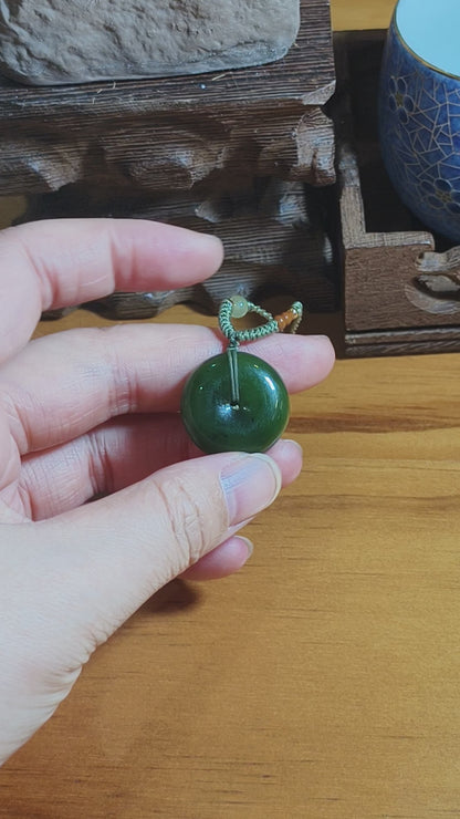 Spinach Jade Pi An Kou Pendant, Nephrite Peace Disc, 8.4g Chinese Safety Amulet, Green Gemstone